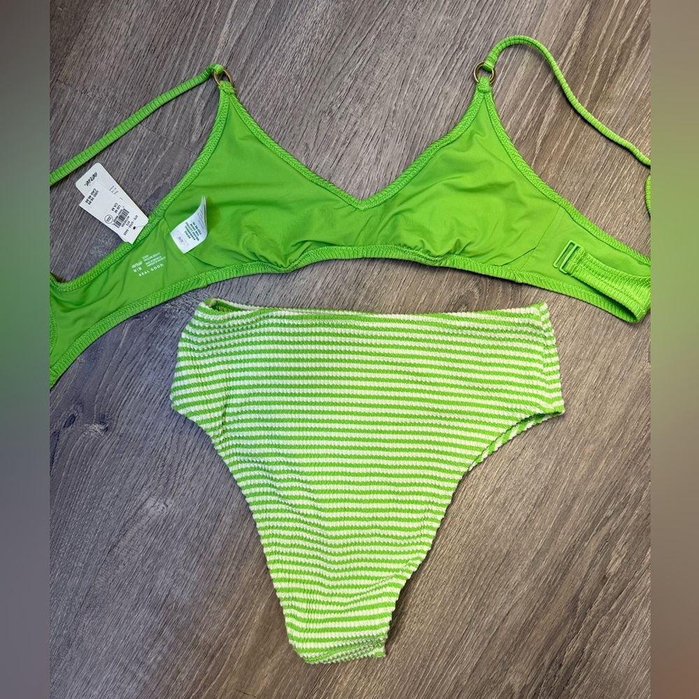 AERIE NWT GREEN RIBBED TANK STYLE BIKINI TOP STRIPED GREEN HIGH BOTTOMS- MED - Picture 2 of 5